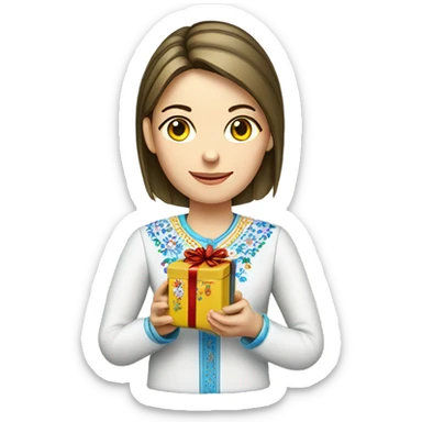 A female teacher in Ukrainian embroidery holds a gift in her hand sticker
