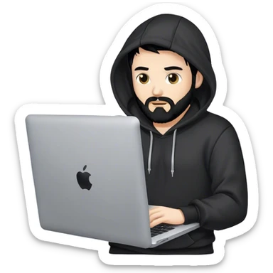 hackeur blanc cheveux noir barbe et capuche noir avec un macbook sticker