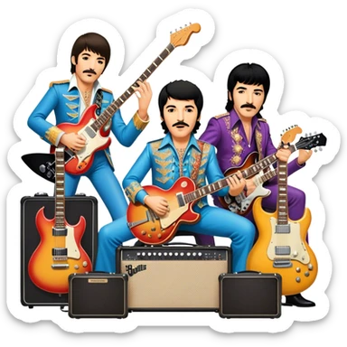 Rock music icon: dynamic collage of global rock legends like The Beatles, Jimi Hendrix, Elvis Presley, Freddy Mercury and Curt Cobane, surrounded by guitars, amplifiers, and stage lights. Symbolizing the energy and power of rock music. Transparent background. sticker
