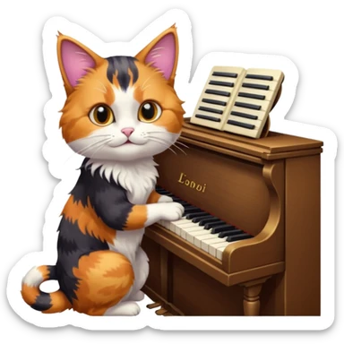 calico cat play piano, portrait sticker