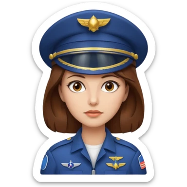 woman with brown hair and brown eyes.  space ship captain with white military hat sticker