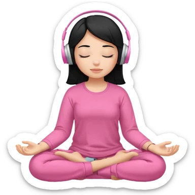 Chica de pelo negros con los ojos cerrados escuchando musica en audifonos y con camisa rosa mientras medita sticker