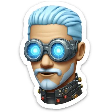  Short light blue haired male cyborg head with light blue beard, red steampunk goggles and circuits sticker