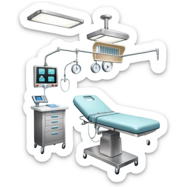 A surgical room setup with overhead lights and sterile instrument table.
 sticker