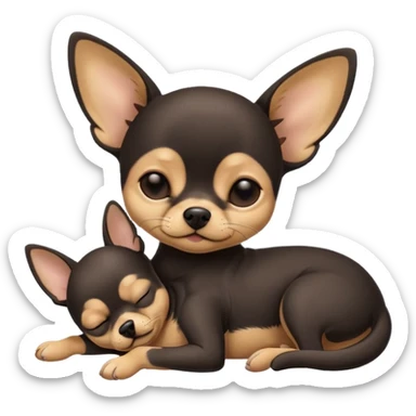 A high-resolution photo-realistic digital illustration of a cute  black with a bit of tan chihuahua with eyes closed shut sleeping lazily on the ground sticker