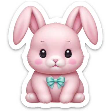 Cinematic adorable pastel pink bunny, chubby cheeks, tiny paws, sparkling round eyes, soft fur with a gentle glow, slightly tilted head, wearing a tiny bow, irresistibly cute and heartwarming. sticker