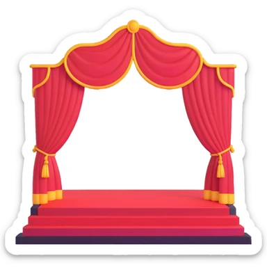 elegant theater stage with red velvet curtains open, wooden floor, and central spotlight sticker
