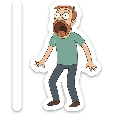 Create a full body surprised man with his mouth wide open in the same cartoon style as the reference image, maintaining a transparent background. sticker