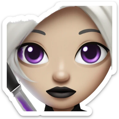 Light Brown goth girl with white ombre hair and purple eyes wearing a black mesh shirt holding a knife sticker