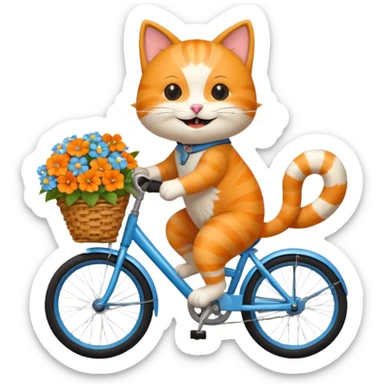 a-cheerful- cat-riding-a-blue-bicycle,-wearing-a-cute-helmet,-with-a-big-smile-and-a-basket-full-of-flowers-on-the-front.-bright,-cartoonish-style,-simple-and-fun. sticker