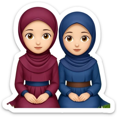 Turkish beautiful finish Konya two girls (friends) brown eyes and with dark blue and burgundy hijab islamic dress and sitting on grass  sticker