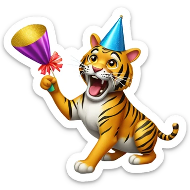 Party Tiger with a party hat and a party popper sticker