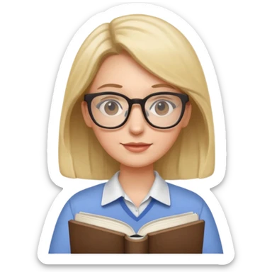 female English teacher with glasses and wearing a shirt, holding an English book sticker