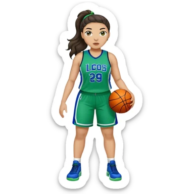full body plus size light skin latino women basketball player with wavy dark hair in pony tail wide nose wearing blue green  uniform sticker