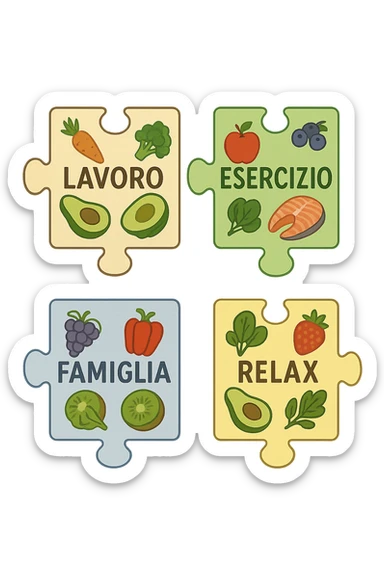 Puzzle (Lavoro, Esercizio, Famiglia, Relax), and healthy foods are integrated into each piece. in italiano sticker