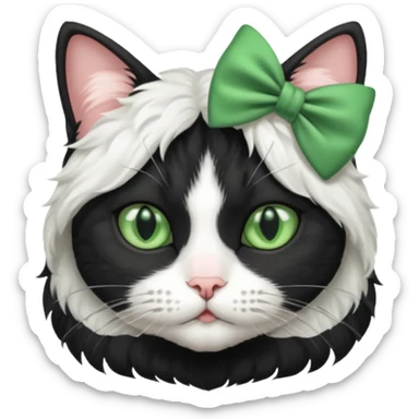 A black and white cat with green eyes she has a bow on her head she’s kinda fluffy  sticker