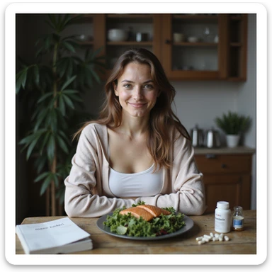 young woman with PCOS, mild acne, chin hair, thin hair, slight abdominal overweight, sitting at a table with a healthy plate of salad and salmon, diary with text 'meno zuccheri', supplements and Metformin on the table, serene expression, home environment, vertical 9:16, hyperrealism 4K sticker
