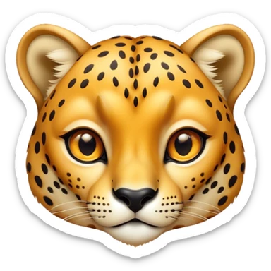Cinematic Cute Cheetah Portrait Emoji, Head tilted playfully and inquisitively, featuring a glossy, golden spotted Fur with a natural sheen, round, sparkling amber eyes filled with curious mischief, Simplified yet irresistibly adorable features, highly detailed, glowing with a warm, friendly glow, high shine, affectionate and agile, stylized with a touch of savannah whimsy, bright and endearing, soft glowing outline, capturing the essence of a mischievous yet loving cheetah, so playful it feels like it could dash out of the screen and into your arms! sticker