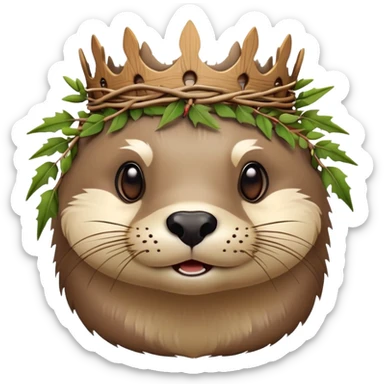 cute confused otter face with natural twisted thorny bramble branches wrapped around head, wooden Crown of thorns sticker