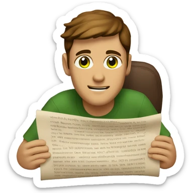 a light-skinned green-eyed man with brown hair sitting in front of the paper scroll  sticker