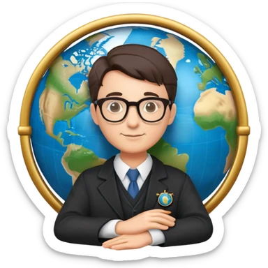 professor with glasses and academic attire rotating a world globe sticker