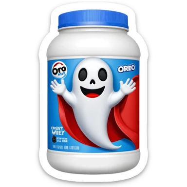 “Front-facing Ghost whey protein powder bottle, tall white plastic tub with wide shoulders and bold red lid. Blue and black Oreo-inspired label with the white GHOST logo and small ghost mascot. Clean studio lighting, soft shadow, realistic emoji-style product, centered on white background.” sticker