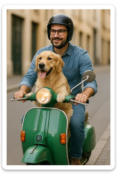 man and his pet dog riding a vespa sticker