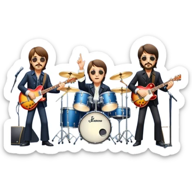 Rock music icon: The Beatles performing live on stage. John Lennon with guitar, Paul McCartney with bass, George Harrison with guitar, Ringo Starr on drums. Bright lights, energetic performance. Transparent background. sticker