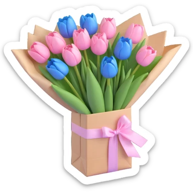 blue tulips bouquet in a crisp white paper bag, tied with a pastel pink ribbon, soft blue pastel palette, subtle shadows, minimal and clean, 3D iOS emoji style sticker