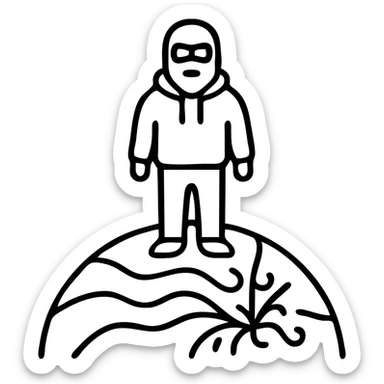 Person in ski mask and hoodie standing on vibrant earth surface with cosmic patterns and fractals flowing beneath feet sticker
