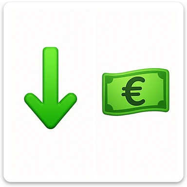 Create two separate images side by side. On the left, a single green downward arrow with one arrowhead and clear space around it. On the right, a single green banknote featuring a Euro sign. Both images should be simple, clean, and in classic Apple-style emoji style, matching the reference drawing's clarity and separation. sticker