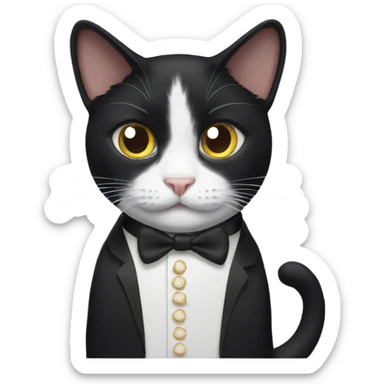 Tuxedo cat with cat food sticker