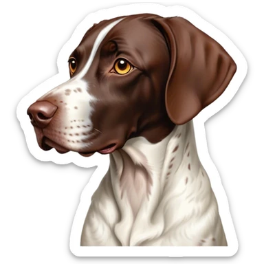Cinematic Noble German Pointer Portrait Emoji, Poised and regal, with a lean, athletic build and a sleek, short coat in liver and white, deep-set soulful brown eyes, Simplified yet sharp and sophisticated features, highly detailed, glowing with a soft, dignified glow, high shine, intelligent and driven, stylized with an air of determination, focused and attentive, soft glowing outline, capturing the essence of a watchful and commanding hunter, so majestic it feels as though it could sprint out of the screen with effortless authority! sticker