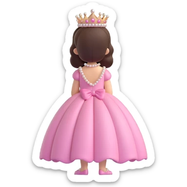 elegant little princess in a pink dress with pearls and a tiara, back view, iOS 3D emoji style, glossy, modern and sweet sticker