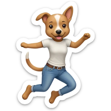 female dog anthropomorphised wearing jeans and a t-shirt jumping pose walking upright sticker