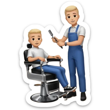 Barber cutting boys hair. Show the boy sat in black barber chair and both having smiles on their faces sticker