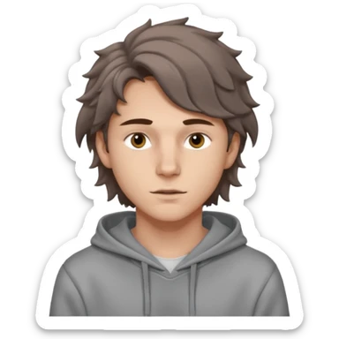 18 year old boy siren eyes good jawline with grey hoodie and long brown wavy wolf cut hair sticker