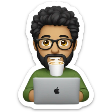Designer with black hair, beard and glasses working with MacBook and drinking cappuccino  sticker