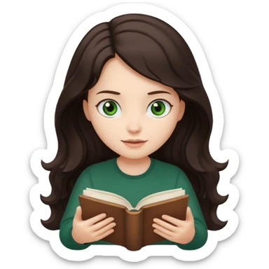 Long wavy dark brown haired, white skinned, dark green eyed girl reading a book sticker