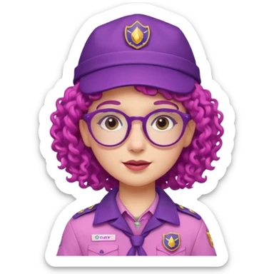 scout girl with very pink scout uniform including hat, purple curly haired and glassess sticker