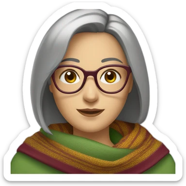 white-woman-with-gray-short-bob-green-eyes-and-brown-glasses-wearing-colorful-shawl-and-burgundy-top sticker