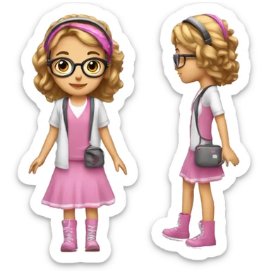 Niña de 12 años con de pelo y ojos cafés con unos auriculares de casco  negros con lentes rosas  sticker