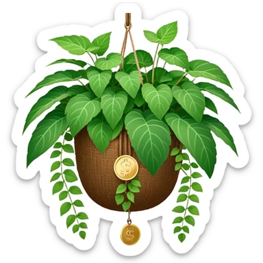 Plectranthus Verticillatus plant with perfectly circular coin-shaped green leaves in a coconut fiber hanging basket sticker