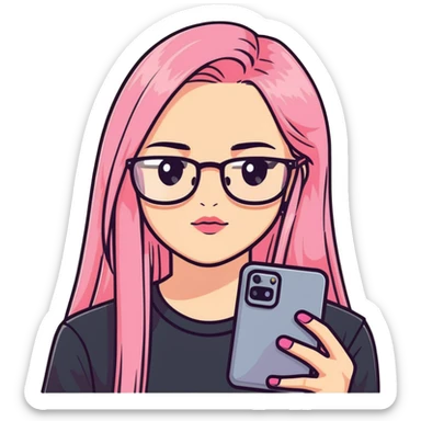 Teenage girl taking a selfie in a school bathroom. Long straight blonde hair with pink dye, rectangular glasses, black shirt, neutral expression with slightly glossy lips sticker