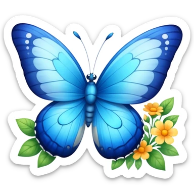 A vibrant blue butterfly with a cute smiling face, fluttering in spring with flowers around sticker