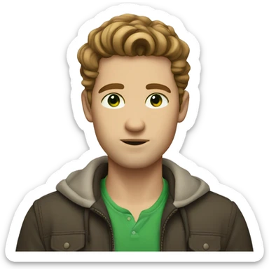 light-skinned man with green eyes and styled brown hair writing sticker