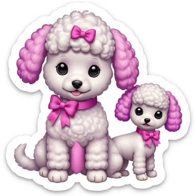Two white toy poodle–style dogs, fluffy curly fur, round faces, black button eyes. Bright purple ears, hot-pink paws. One taller dog standing upright on hind legs wearing a large pastel pink bow on chest, one smaller round dog sitting. Cute plush emoji style. sticker