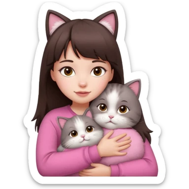 a cute white girl with bangs and straight dark brown hair, brown eye, light makeup wear a pink clothes hugs a cute chubby cat sticker