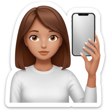aesthetic clean girl with brown hair, white but fake tanned slightly orange skin, no face visible, holding phone taking a mirror selfie, minimal and stylish sticker