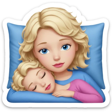 Girl Blonde short wavy hair,  blue eyes, cute blue top, long lashes, pink lips, sleeping sticker